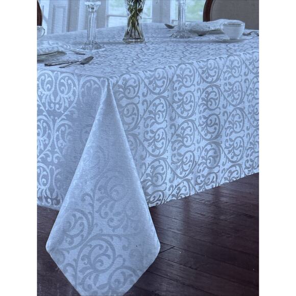 Luxury ANYA WATERFORD LINENS TABLECLOTH Oblong 70”x144” 12 To 16 WHITE RARE NEW - Picture 5 of 12